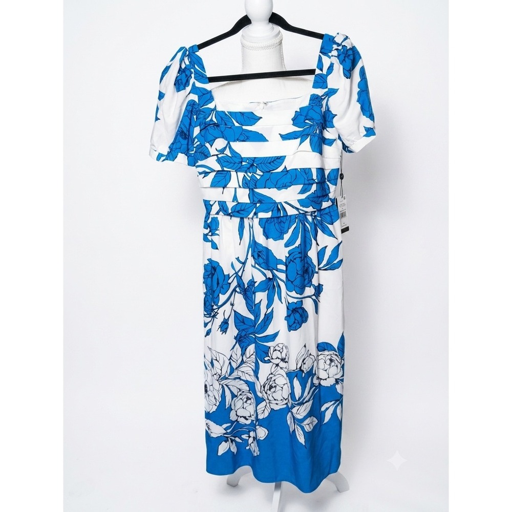 Adrianna‎ Papell Floral Smocked Midi Dress Ivory Blue AP1D105859 Size 6